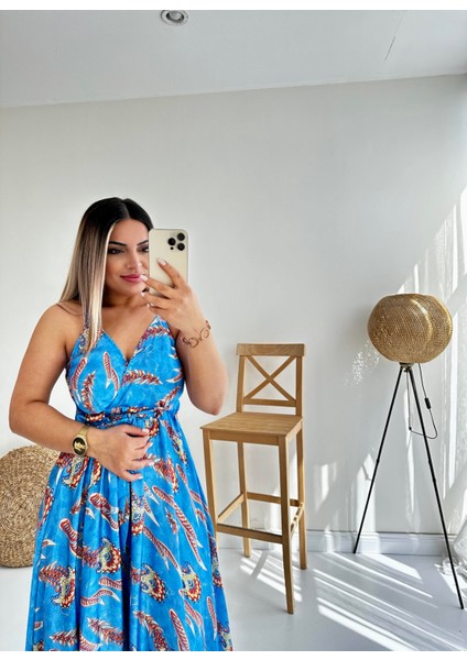 Askılı Eteği Volanlı Saten Elbise Mavi