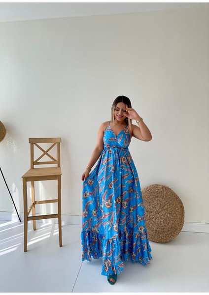 Askılı Eteği Volanlı Saten Elbise Mavi