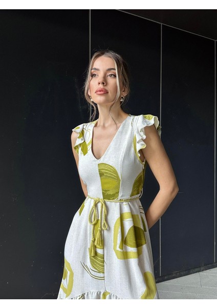 Asimetrik Volanlı Keten Elbise Yeşil fiyatları