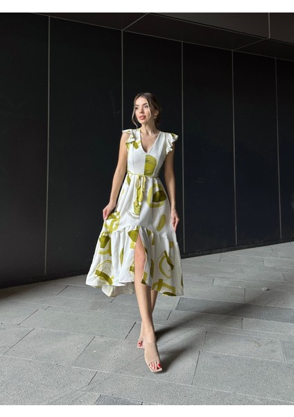 Asimetrik Volanlı Keten Elbise Yeşil modelleri