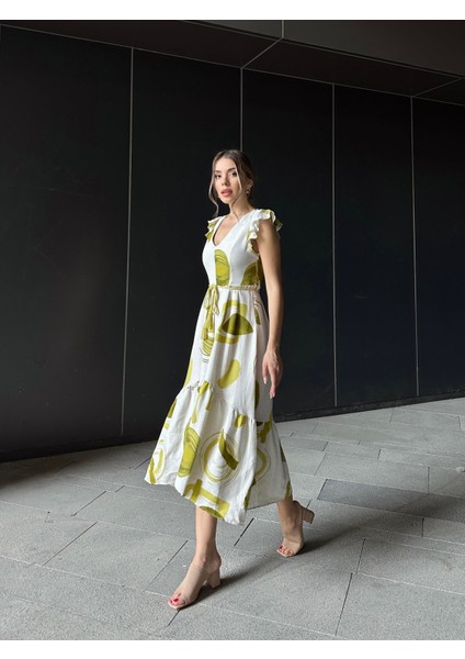 Asimetrik Volanlı Keten Elbise Yeşil fırsatları