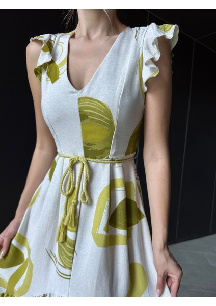 Asimetrik Volanlı Keten Elbise Yeşil