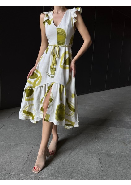 Asimetrik Volanlı Keten Elbise Yeşil