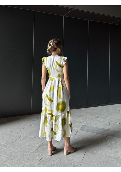 Asimetrik Volanlı Keten Elbise Yeşil