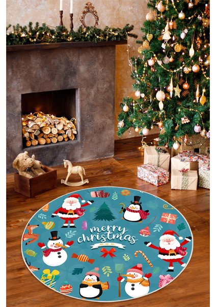 Dijital Baskılı Kaymaz Tabanlı Yıkanabilir Mavi Yuvarlak Noel Halısı