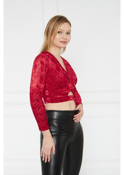 Desenli Kadife Bluz Kırmızı