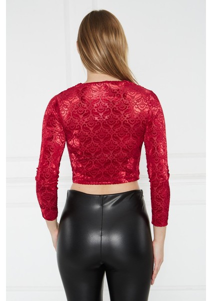 Desenli Kadife Bluz Kırmızı