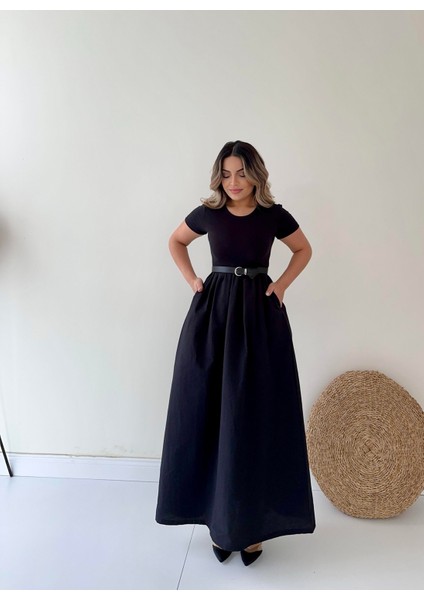 Kısa Kol Cepli Midi Prenses Elbise Siyah