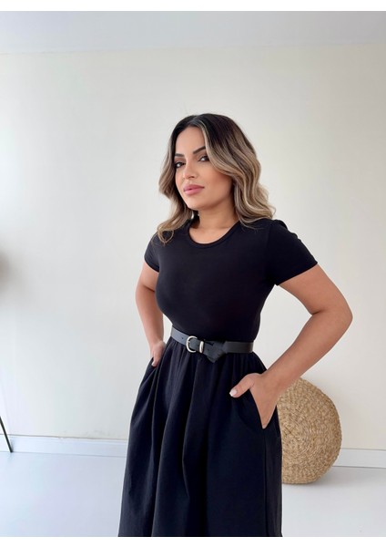 Kısa Kol Cepli Midi Prenses Elbise Siyah fiyatları