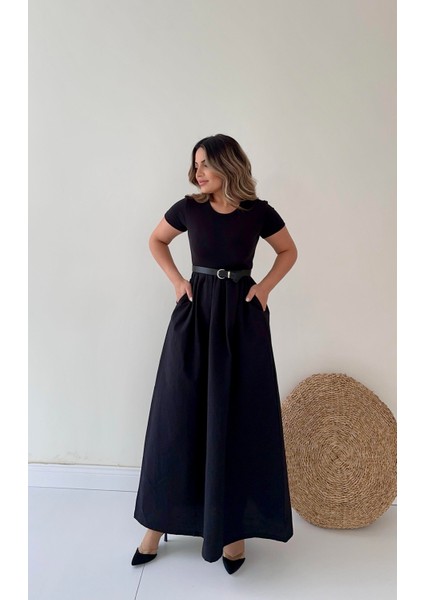 Kısa Kol Cepli Midi Prenses Elbise Siyah modelleri