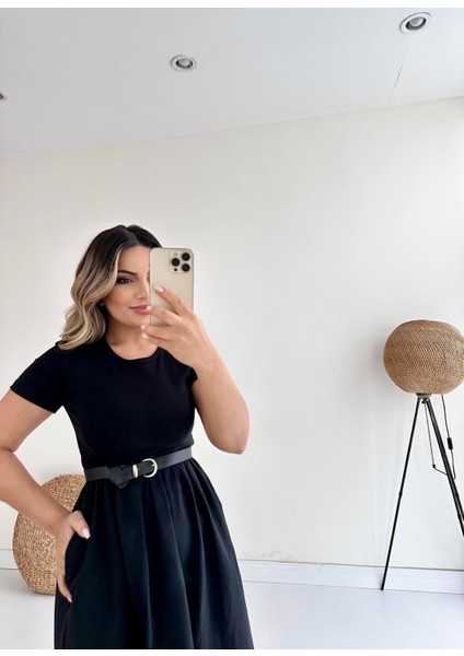 Kısa Kol Cepli Midi Prenses Elbise Siyah fırsatları