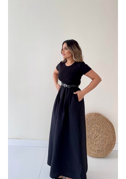 Kısa Kol Cepli Midi Prenses Elbise Siyah indirimleri