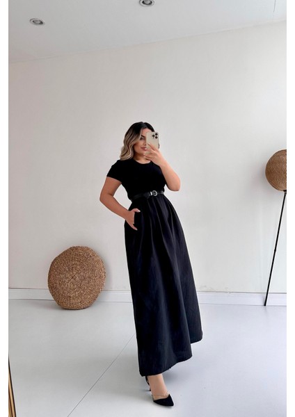 Kısa Kol Cepli Midi Prenses Elbise Siyah