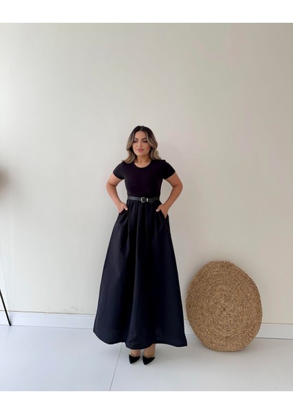Kısa Kol Cepli Midi Prenses Elbise Siyah