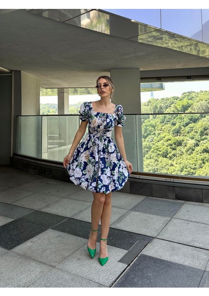 Bel Düğüm Detaylı Balon Elbise Mavi