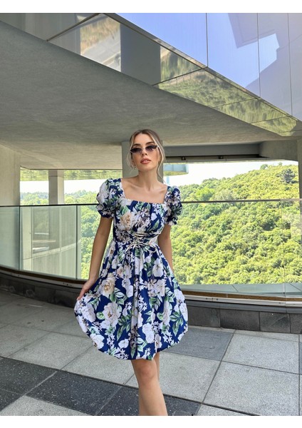 Bel Düğüm Detaylı Balon Elbise Mavi fiyatları