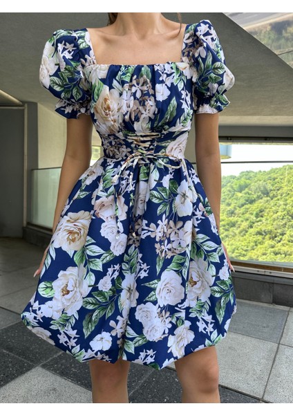 Bel Düğüm Detaylı Balon Elbise Mavi fırsatları