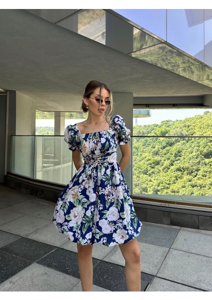 Bel Düğüm Detaylı Balon Elbise Mavi