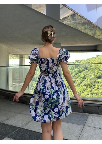 Bel Düğüm Detaylı Balon Elbise Mavi