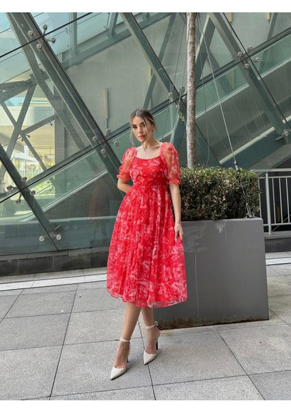 Prenses Midi Tül Elbise Kırmızı