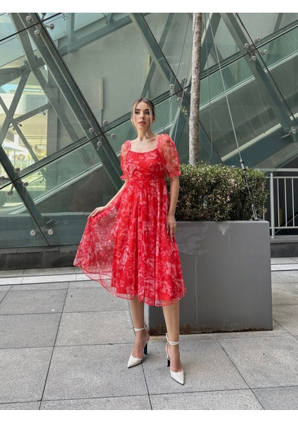 Prenses Midi Tül Elbise Kırmızı fiyatları