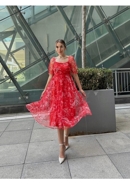 Prenses Midi Tül Elbise Kırmızı modelleri