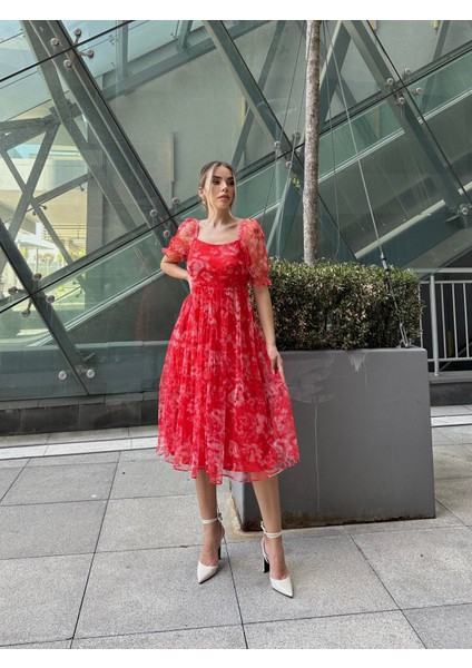 Prenses Midi Tül Elbise Kırmızı fırsatları