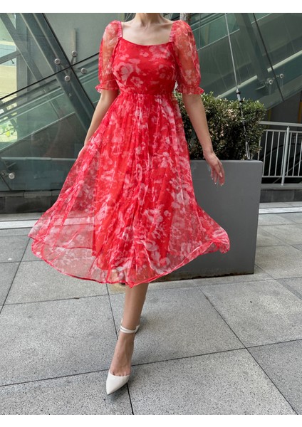 Prenses Midi Tül Elbise Kırmızı indirimleri