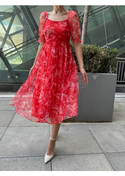 Prenses Midi Tül Elbise Kırmızı