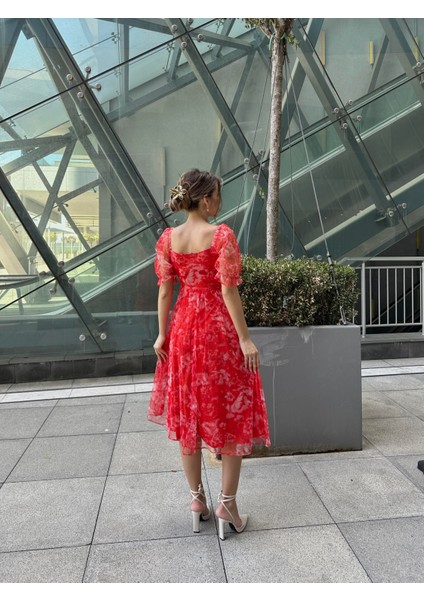 Prenses Midi Tül Elbise Kırmızı