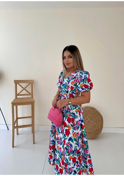 Bebe Yaka Midi Çiçekli Poplin Elbise Ekru