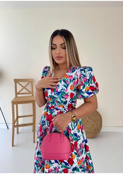 Bebe Yaka Midi Çiçekli Poplin Elbise Ekru fiyatları