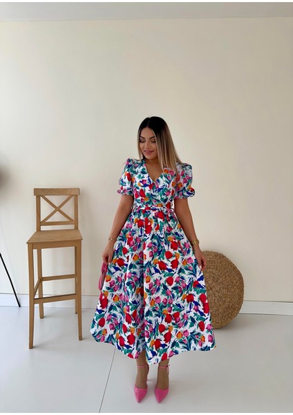 Bebe Yaka Midi Çiçekli Poplin Elbise Ekru modelleri