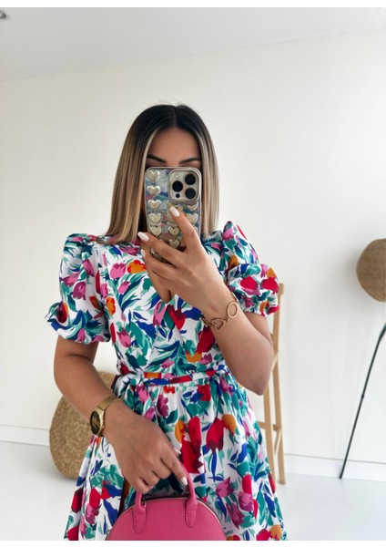 Bebe Yaka Midi Çiçekli Poplin Elbise Ekru