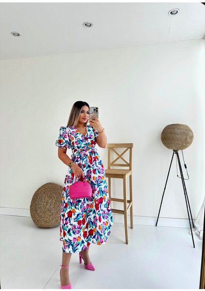 Bebe Yaka Midi Çiçekli Poplin Elbise Ekru