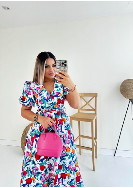 Bebe Yaka Midi Çiçekli Poplin Elbise Ekru