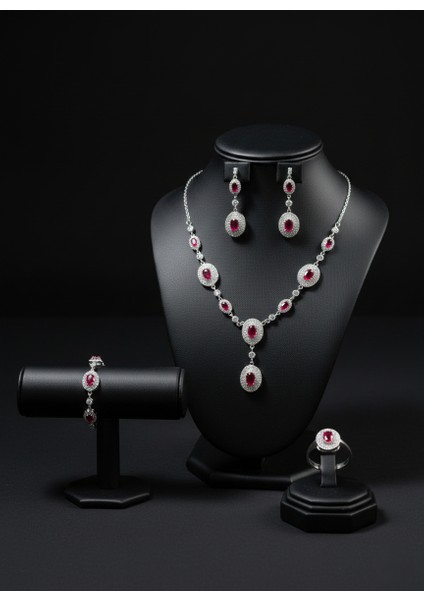 925 Ayar Bordo Zirkon Taşlı kadın Gümüş Su Yolu Düğün Takı Seti