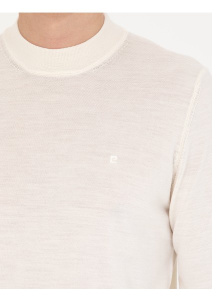 Erkek Ekru Regular Fit Çeyrek Yaka Yün Karışımlı Basic Triko Kazak 50270049-VR019
