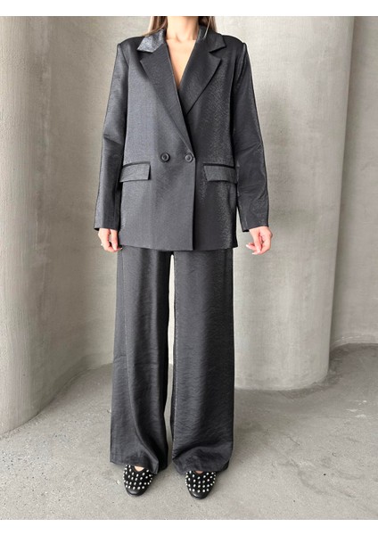 Parlak Keten Kruvaze Ikili Takım Siyah fırsatları