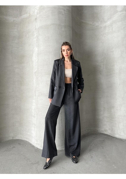 Parlak Keten Kruvaze Ikili Takım Siyah indirimleri