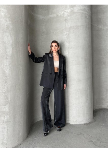 Parlak Keten Kruvaze Ikili Takım Siyah