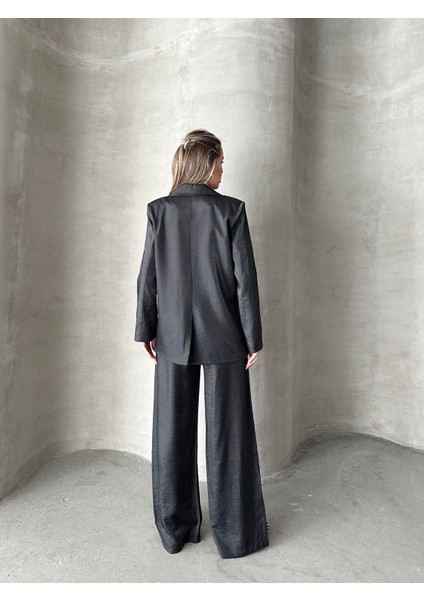 Parlak Keten Kruvaze Ikili Takım Siyah