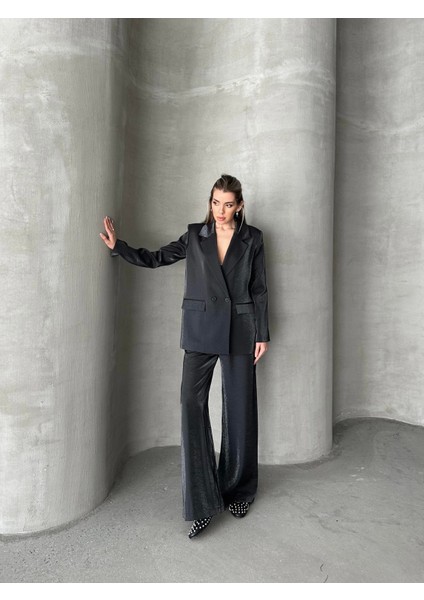 Parlak Keten Kruvaze Ikili Takım Siyah