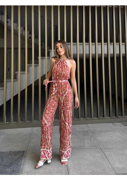 Boyundan Bağlamalı Etnik Desen Viskon Tulum Pembe fiyatları