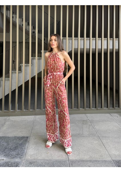 Boyundan Bağlamalı Etnik Desen Viskon Tulum Pembe fırsatları