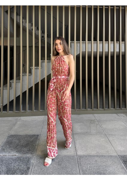 Boyundan Bağlamalı Etnik Desen Viskon Tulum Pembe