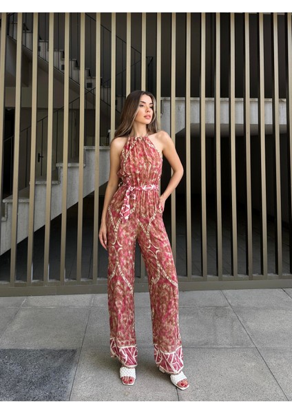 Boyundan Bağlamalı Etnik Desen Viskon Tulum Pembe