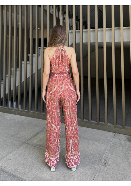 Boyundan Bağlamalı Etnik Desen Viskon Tulum Pembe