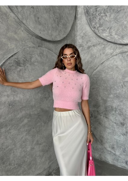 Kısa Kol Taş Işlemeli Yumoş Kazak Pembe