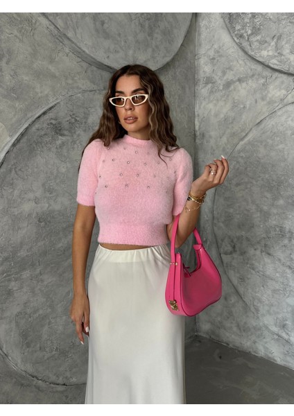 Kısa Kol Taş Işlemeli Yumoş Kazak Pembe modelleri